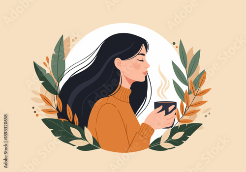 Relaxed Young Woman Sipping Warm Beverage in Autumn Foliage Vector Illustration for Cozy Lifestyle and Tranquil Moments