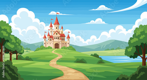 Enchanting fairytale castle sitting on top of a lush green hill with a winding dirt path leading directly to its ancient wooden gate.