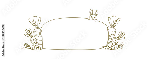 This vector illustration showcases a cartoon border adorned with carrots and a sweet little bunny rabbit peeking out, all in a continuous line art style.


