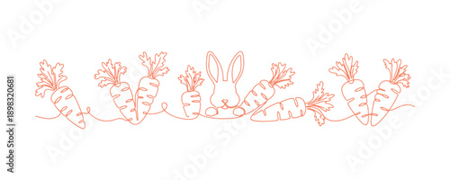This vector illustration showcases a cartoon border adorned with carrots and a sweet little bunny rabbit peeking out, all in a continuous line art style.

