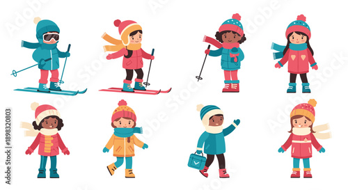 Diverse group of young children dressed in colorful winter clothing and gear enjoying outdoor skiing and winter activities together.