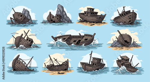 Collection of various shipwrecked wooden vessels resting on dangerous rocks and sandy shores in different states of decay and ruin.