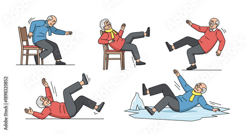 Illustrations of an elderly man and woman experiencing different types of accidental falls and slips in various indoor and outdoor areas.