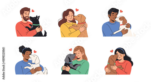 Set of heartwarming illustrations showing people of various ethnicities and backgrounds embracing their beloved pet dogs with deep love.