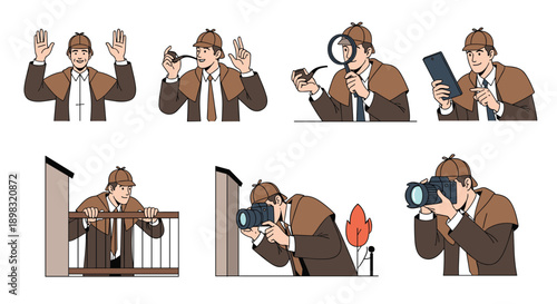 Classic detective character in various investigative poses using tools like a magnifying glass, professional camera, and smoking pipe.
