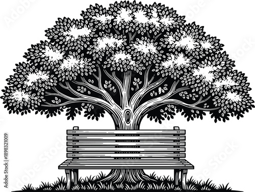 “Serene tree with bench illustration — tranquil outdoor scene in black and white for nature, relaxation, and contemplative design themes”