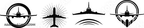 “Stylized airplane logo icon set — four black and white aviation symbols for travel, airline branding, and aerospace design”