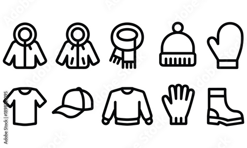 Collection of clothing icons for winter and casual wear in simple line art style on a white background