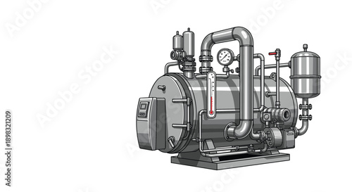 Detailed technical illustration of a large industrial boiler system with various pipes, valves, and measurement gauges for heating.