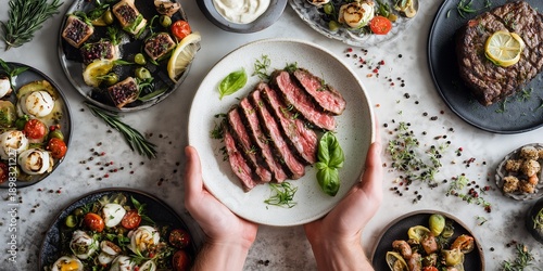 Hands holding a plate of sliced rare beef steak with basil and herbs surrounded by gourmet side dishes, top view, concept for restaurant menus, culinary blogs and food delivery advertising