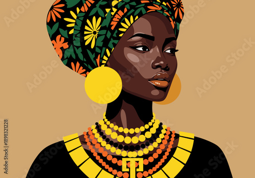 Vibrant vector illustration of an elegant African woman adorned in a colorful headwrap and traditional beaded jewelry, capturing cultural grace