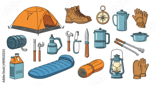 Collection of professional camping gear including a tent, hiking boots, compass, and cooking supplies for outdoor survival and trips.