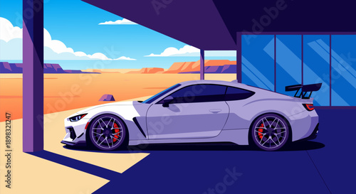 Sleek modern sports vehicle vector illustration parked in a contemporary carport, showcasing cutting-edge automotive design against a serene desert landscape backdrop