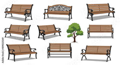 Nine different styles of wooden park benches with decorative metal frames and a single small green tree for garden landscape design.
