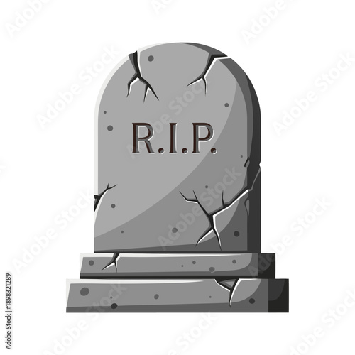 Cracked R.I.P. tombstone vector illustration, an aged grave marker graphic for memorial and remembrance themes, isolated on white background