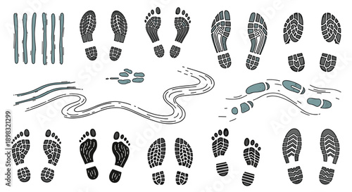 Assorted collection of various shoe footprints and curved walking paths representing outdoor exploration and human journeys.