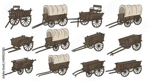 Variety of antique wooden wagons and covered carts from the pioneer era are shown in different perspectives for historical study.