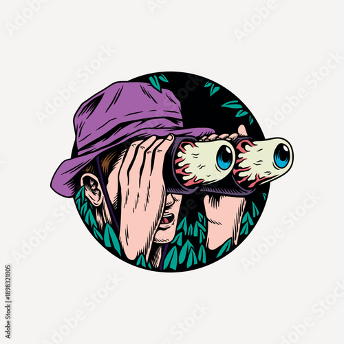 Man using binoculars element, retro illustration vector