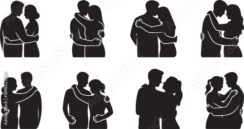 A striking collection of black silhouettes showing couples in various loving embraces and tender poses