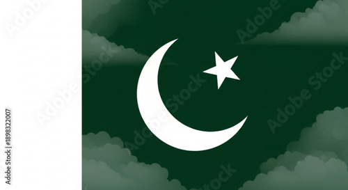 Pakistan flag with crescent moon and star on green background with clouds