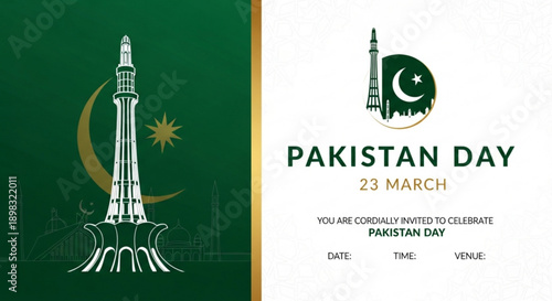 Pakistan day celebration invitation card with minar e pakistan monument and flag colors