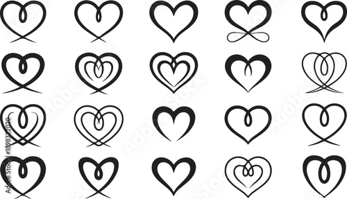 Diverse collection of elegant black outline heart shapes showcasing various romantic designs and intricate patterns