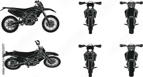 Dirt bike silhouette set, motocross motorcycle vector collection, side front rear views, off road sport motorbike black illustration