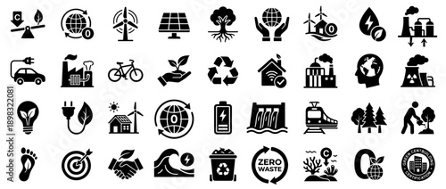 Comprehensive Set of Black Flat Vector Icons Representing Sustainability Renewable Energy Net Zero and Ecology Isolated on White Background