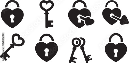 Eight minimalist black silhouette icons representing love locks and keys