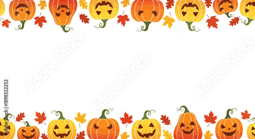 Halloween Pumpkin Border Vector Illustration with Autumn Leaves, Festive Fall Holiday Greeting Card Template for Seasonal Design