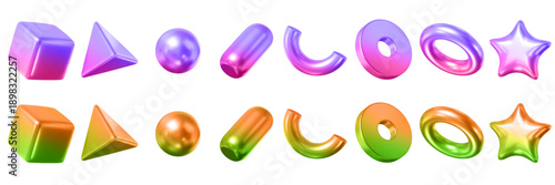 3d set neon geometry shapes: square, sphere, pyramid, torus, star, icosphere, disk, capsule. Metal holographic simple figures for your design on isolated background. Stock vector illustration