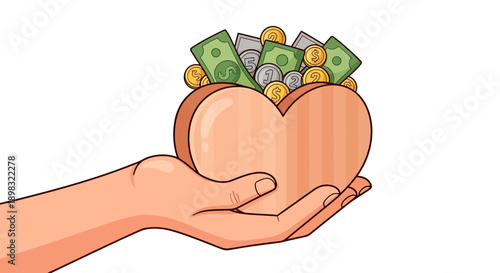 Hand Holding Heart Shaped Box Filled With Money and Coins, Charity Donation Concept, Vector Illustration