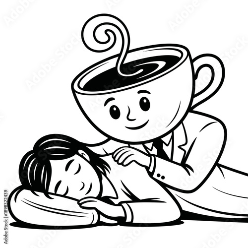 An endearing coffee cup character offers gentle solace to a deeply sleeping woman, illustrating the concept of comfort.