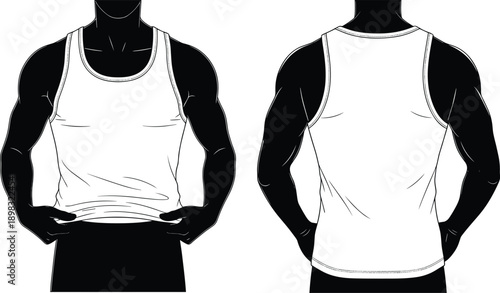 Men tank top front and back view, athletic sleeveless shirt mockup, gym apparel design, black and white vector illustration
