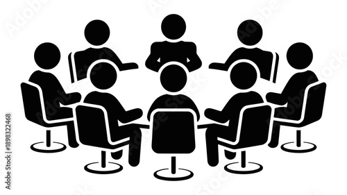 An abstract black silhouette illustration of eight people sitting around a round table, representing a meeting or discussion.