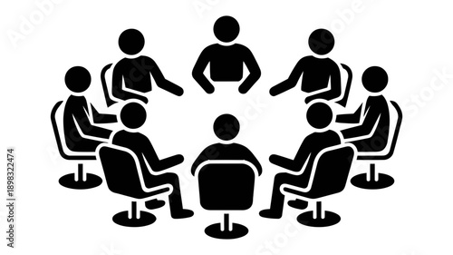 An abstract black silhouette illustration of eight people sitting around a round table, representing a meeting or discussion.