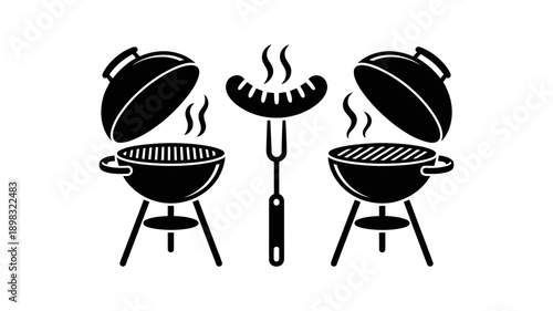 A festive black silhouette illustration displays two open barbecue grills with smoke, flanking a steaming sausage on a large fork.