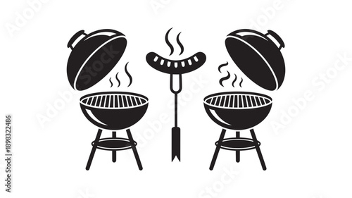 A festive black silhouette illustration displays two open barbecue grills with smoke, flanking a steaming sausage on a large fork.