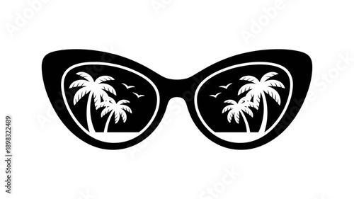 Stylish cat-eye sunglasses in black silhouette, featuring reflective lenses with a tropical scene of palm trees and flying birds.
