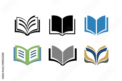 Open book logo icon set. Education library sign and symbol collection. Reading and learning silhouette bundle. Vector illustration isolated on white background.