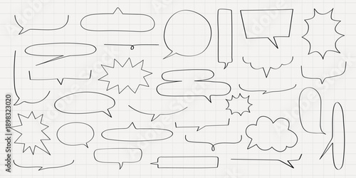 Collection of hand-drawn speech bubbles in various shapes. Speech bubbles for comics, doodles, and creative designs. Perfect for speech and dialogue art. Message illustration vector.