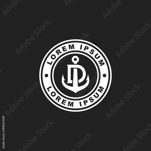 Nautical Anchor with Initial Letter D Logo Design in a Circular Badge on Black Background