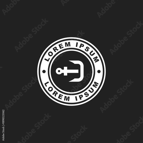 Abstract Anchor Logo Design with Lorem Ipsum Text, White Circular Emblem on Black Background, Nautical Brand Identity Concept