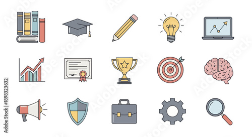 Education and Business Icons: Books, Graduation Cap, Laptop, Trophy, Brain, Magnifying Glass