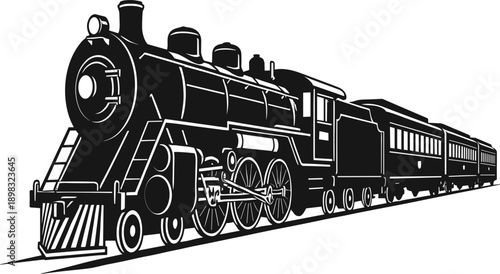 Vector design featuring a classic steam locomotive rendered in solid black silhouette, nostalgic retro look with strong recognizable outline, 