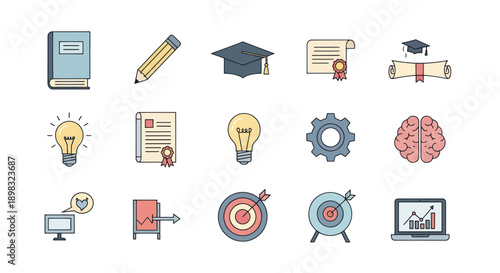Education and Business Icons Set: Book, Pencil, Graduation Cap, Diploma, Brain, Lightbulb, Target