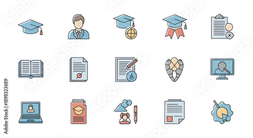 Education Icons Set: Graduation Cap, Diploma, Book, Computer, Certificate, Research