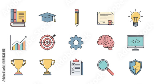 Education, Business & Success Icons: Books, Graduation Cap, Pencil, Diploma, Lightbulb, Chart, Target