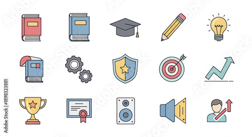 Education, Success, Learning Icons: Books, Graduation Cap, Trophy, Target, Graph, Lightbulb