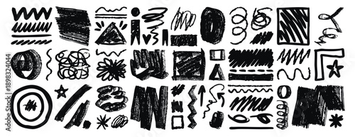 set abstract random brush strokes of different brush shapes. Grunge strokes, lines and brushes. Free hand drawn movement, trembling texture elements collection.